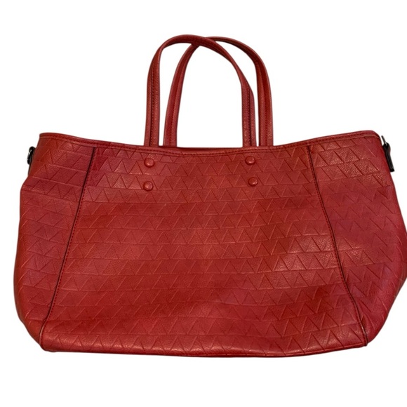 Bright Red PU Leather Geometric Pattern Tote Bag Satchel - Spacious Interior - Picture 1 of 15